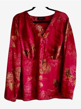 Lane Bryant Asian Silky Blouse in Red and Gold Floral Pattern